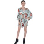 Christmas Cartoon Pattern V-Neck Flare Sleeve Mini Dress