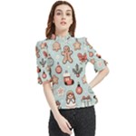 Christmas Cartoon Pattern Frill Neck Blouse