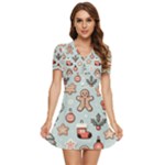 Christmas Cartoon Pattern V-Neck High Waist Chiffon Mini Dress