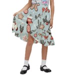 Christmas Cartoon Pattern Kids  Ruffle Flared Wrap Midi Skirt