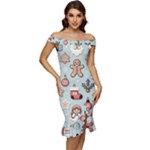 Christmas Cartoon Pattern Off Shoulder Ruffle Split Hem Bodycon Dress