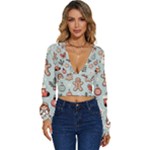 Christmas Cartoon Pattern Long Sleeve Deep-V Velour Top