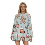 Christmas Cartoon Pattern Round Neck Long Sleeve Bohemian Style Chiffon Mini Dress