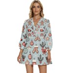 Christmas Cartoon Pattern V-Neck Placket Mini Dress