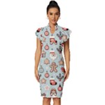Christmas Cartoon Pattern Vintage Frill Sleeve V-Neck Bodycon Dress