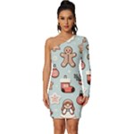 Christmas Cartoon Pattern Long Sleeve One Shoulder Mini Dress