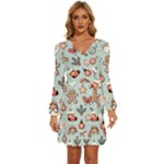 Christmas Cartoon Pattern Long Sleeve Waist Tie Ruffle Velvet Dress