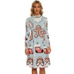 Christmas Cartoon Pattern Long Sleeve Shirt Collar A-Line Dress