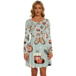 Christmas Cartoon Pattern Long Sleeve Wide Neck Velvet Dress