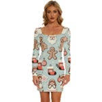 Christmas Cartoon Pattern Long Sleeve Square Neck Bodycon Velvet Dress