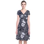 Skull Skeleton Pattern Texture Short Sleeve Front Wrap Dress