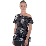 Skull Skeleton Pattern Texture Off Shoulder Tie-Up T-Shirt