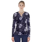 Skull Skeleton Pattern Texture V-Neck Long Sleeve Top