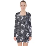 Skull Skeleton Pattern Texture V-neck Bodycon Long Sleeve Dress