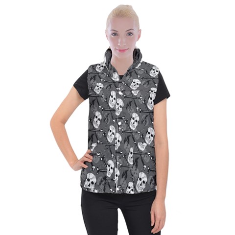 Skull Skeleton Pattern Texture Women s Button Up Vest from ArtsNow.com