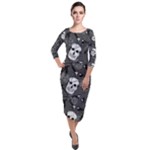 Skull Skeleton Pattern Texture Quarter Sleeve Midi Velour Bodycon Dress