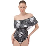 Skull Skeleton Pattern Texture Off Shoulder Velour Bodysuit 