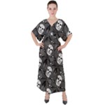 Skull Skeleton Pattern Texture V-Neck Boho Style Maxi Dress