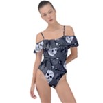 Skull Skeleton Pattern Texture Frill Detail One Piece Swimsuit