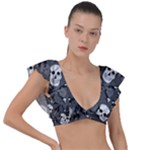 Skull Skeleton Pattern Texture Plunge Frill Sleeve Bikini Top