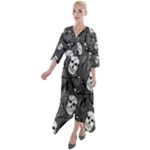 Skull Skeleton Pattern Texture Quarter Sleeve Wrap Front Maxi Dress