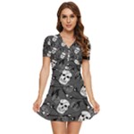 Skull Skeleton Pattern Texture V-Neck High Waist Chiffon Mini Dress