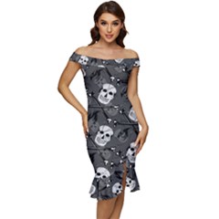 Off Shoulder Ruffle Split Hem Bodycon Dress 