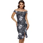 Skull Skeleton Pattern Texture Off Shoulder Ruffle Split Hem Bodycon Dress