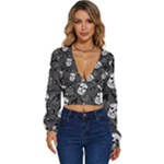 Skull Skeleton Pattern Texture Long Sleeve Deep-V Velour Top
