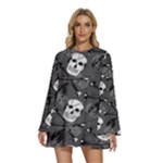 Skull Skeleton Pattern Texture Round Neck Long Sleeve Bohemian Style Chiffon Mini Dress