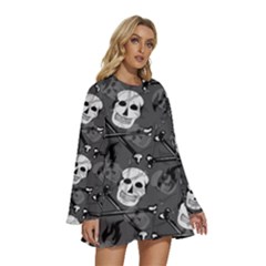 Round Neck Long Sleeve Bohemian Style Chiffon Mini Dress 