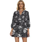 Skull Skeleton Pattern Texture V-Neck Placket Mini Dress