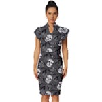 Skull Skeleton Pattern Texture Vintage Frill Sleeve V-Neck Bodycon Dress