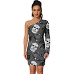 Skull Skeleton Pattern Texture Long Sleeve One Shoulder Mini Dress