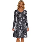 Skull Skeleton Pattern Texture Long Sleeve Dress With Pocket