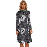 Skull Skeleton Pattern Texture Long Sleeve Shirt Collar A-Line Dress