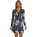 Skull Skeleton Pattern Texture Long Sleeve Deep V Mini Dress 