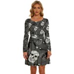 Skull Skeleton Pattern Texture Long Sleeve Wide Neck Velvet Dress