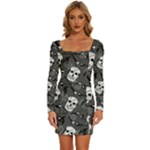 Skull Skeleton Pattern Texture Long Sleeve Square Neck Bodycon Velvet Dress