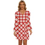 Christmas Snowflakes Background Pattern Long Sleeve Waist Tie Ruffle Velvet Dress