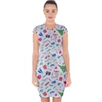 New Year Christmas Winter Pattern Capsleeve Drawstring Dress 