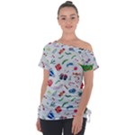 New Year Christmas Winter Pattern Off Shoulder Tie-Up T-Shirt