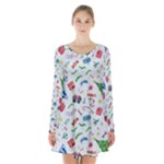 New Year Christmas Winter Pattern Long Sleeve Velvet V-neck Dress
