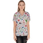 New Year Christmas Winter Pattern Women s V-Neck Scrub Top