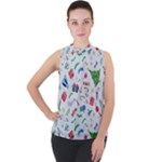 New Year Christmas Winter Pattern Mock Neck Chiffon Sleeveless Top