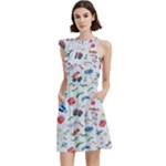 New Year Christmas Winter Pattern Cocktail Party Halter Sleeveless Dress With Pockets