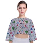 New Year Christmas Winter Pattern Tie Back Butterfly Sleeve Chiffon Top