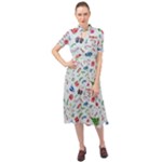 New Year Christmas Winter Pattern Keyhole Neckline Chiffon Dress