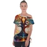 Tree Cosmic Spiritual Meditation Off Shoulder Tie-Up T-Shirt