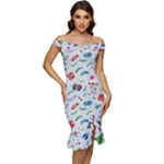 New Year Christmas Winter Pattern Off Shoulder Ruffle Split Hem Bodycon Dress